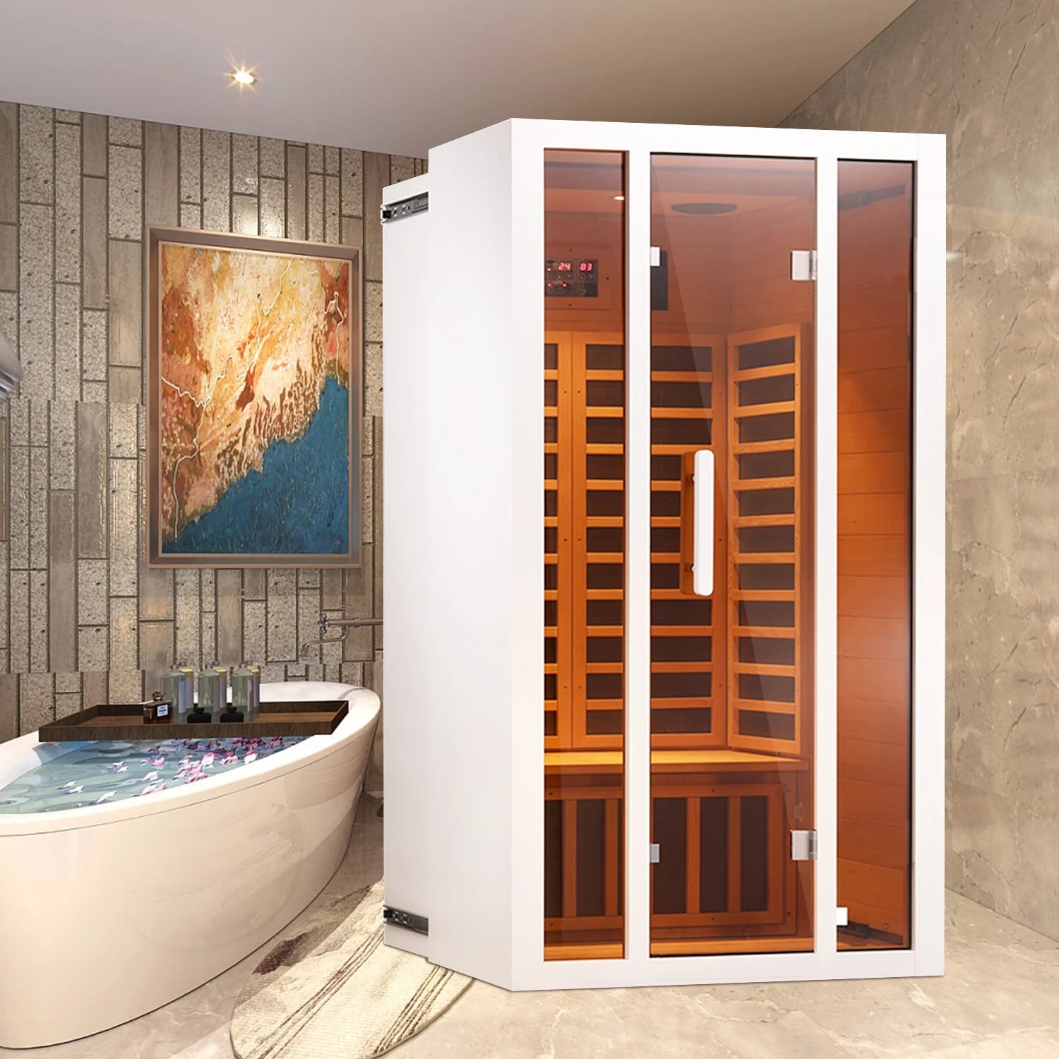 Vanity Art | 2 Person Extendable FAR Infrared Sauna for Home, Hemlock Wood Low EMF 6 Carbon Heaters Indoor Saunas with LED Lights, Bluetooth Speaker, Digital Control Panel, and Seating Bench