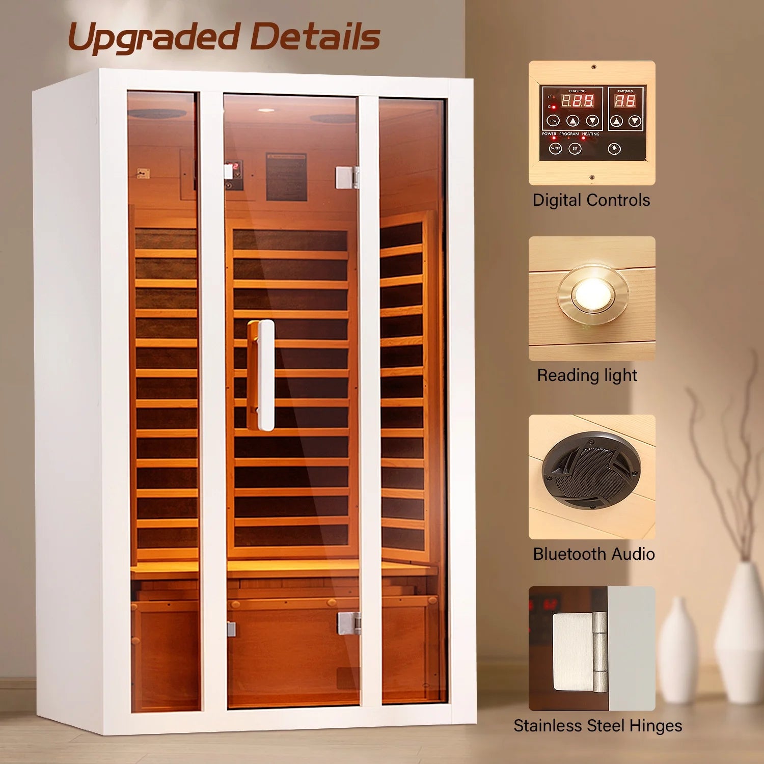 Vanity Art | 2 Person Extendable FAR Infrared Sauna for Home, Hemlock Wood Low EMF 6 Carbon Heaters Indoor Saunas with LED Lights, Bluetooth Speaker, Digital Control Panel, and Seating Bench